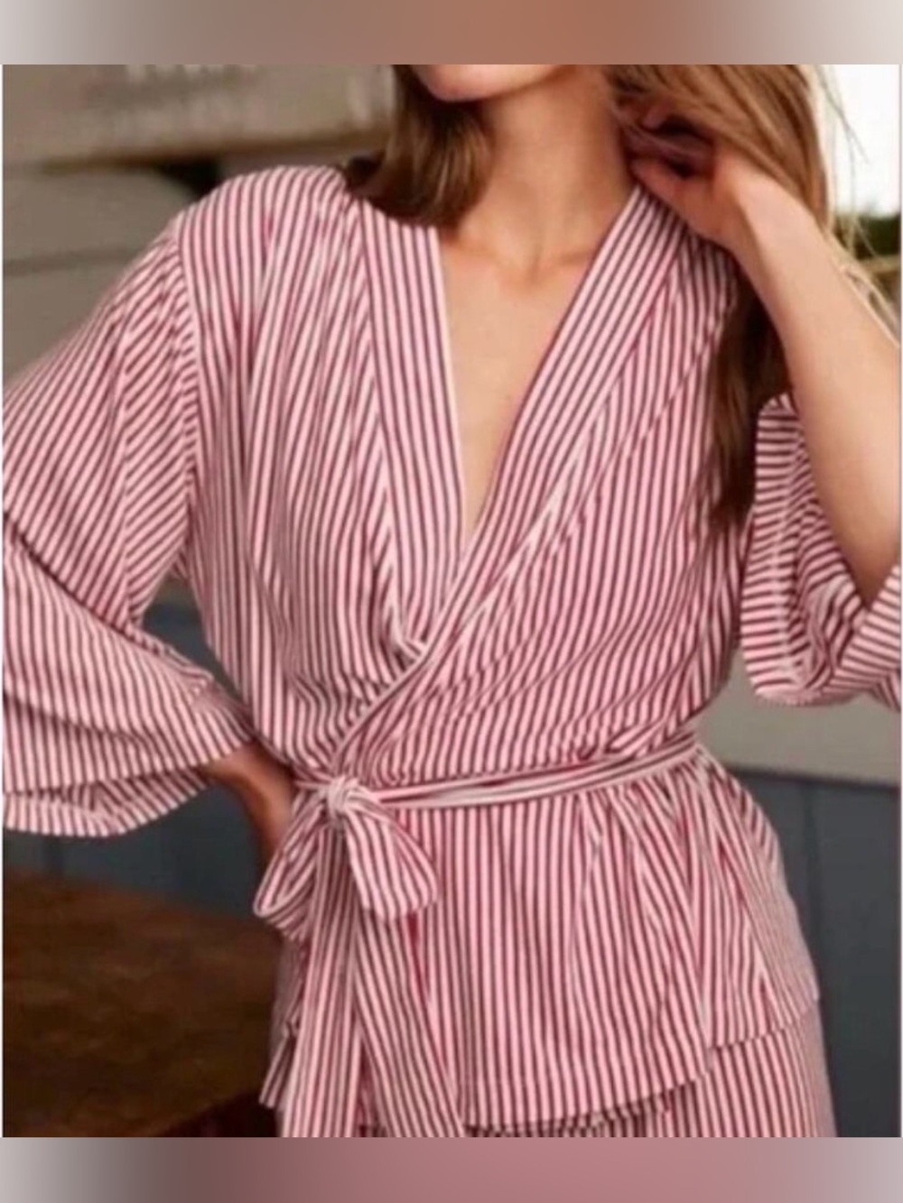 LAKE Striped Red & White Tie Waist Kimono Robe Size XXL